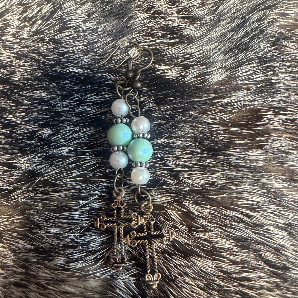 Elegant Cross Dangle Earrings with Turquoise and Pearl Beads